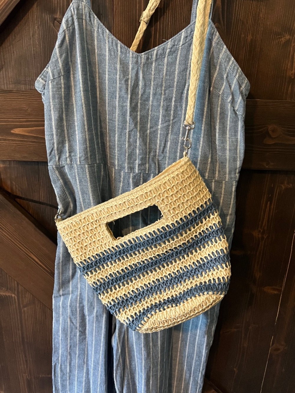 Striped Jumpsuit & Woven Bag Set M